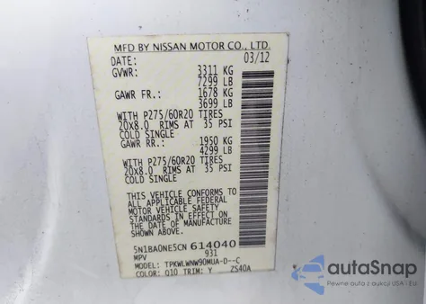 2012 Nissan Armada Platinum из США, поврежденный, VIN 5N1BA0NE5CN614040